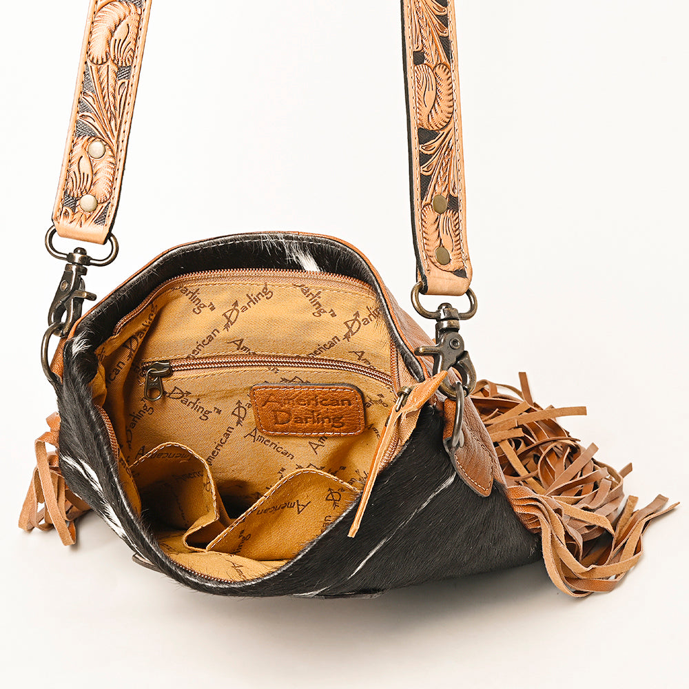 ADBG1299 Black Hair-On Cowhide Leather -Cactus with Tooled Western Messenger Bag - American Darling June Edition