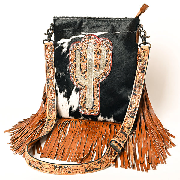 ADBG1299 Black Hair-On Cowhide Leather -Cactus with Tooled Western Messenger Bag - American Darling June Edition