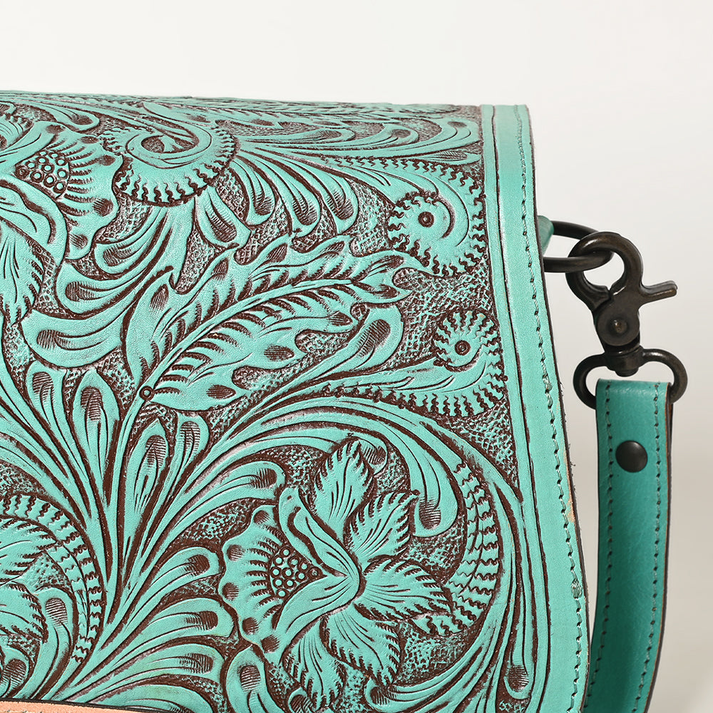 ADBGZ781 Turquoise Tooled Leather Crossbody Bag - Floral