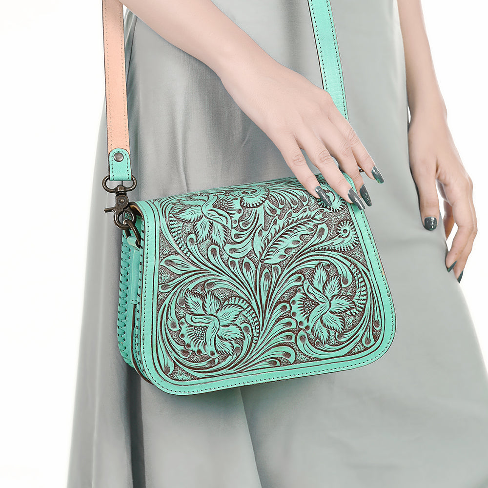 ADBGZ781 Turquoise Tooled Leather Crossbody Bag - Floral