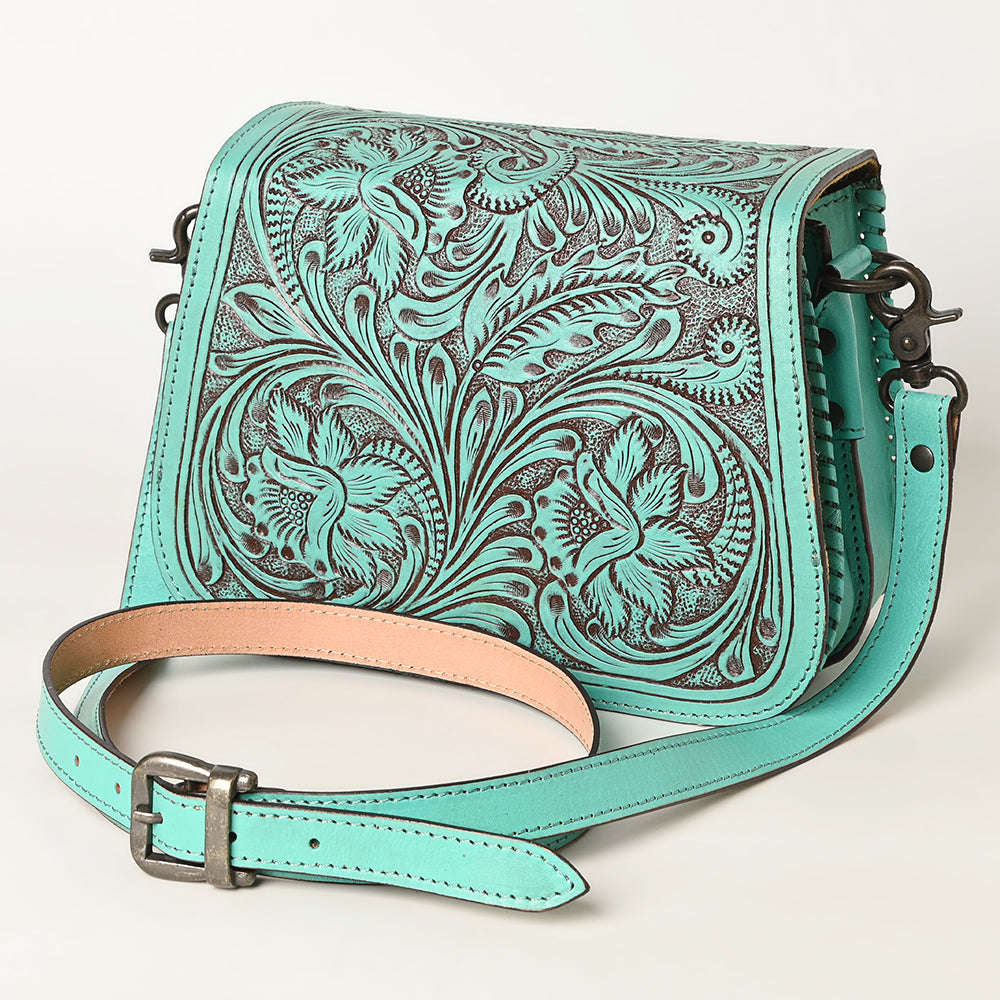 ADBGZ781 Turquoise Tooled Leather Crossbody Bag - Floral Handcrafted Western Purse
