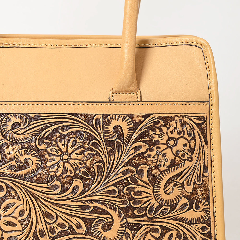 LC-ADBGZ782 Structured Tan Leather Tote - Hand-Tooled Western Floral Panel
