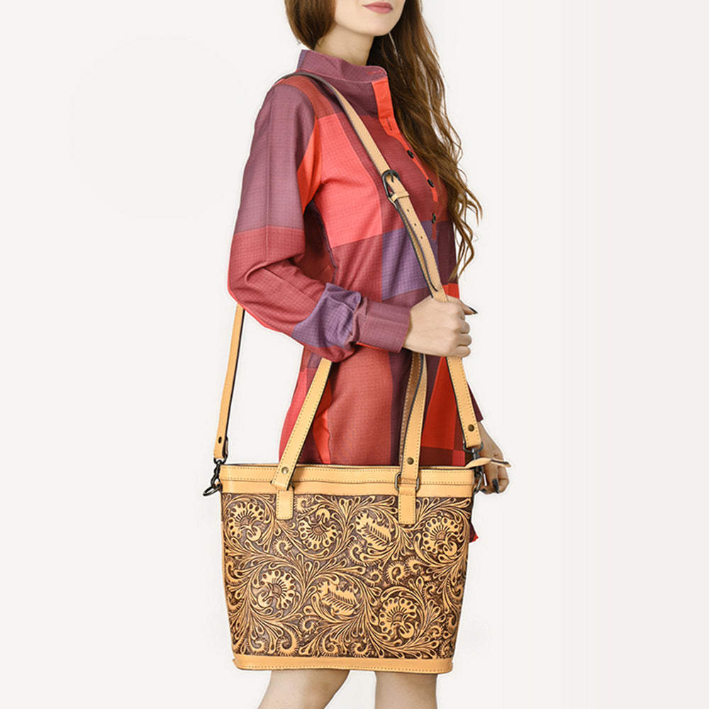 LC-ADBGZ783 Hand-Tooled Tan Leather Tote Bag - Western Floral Design with Detachable Strap