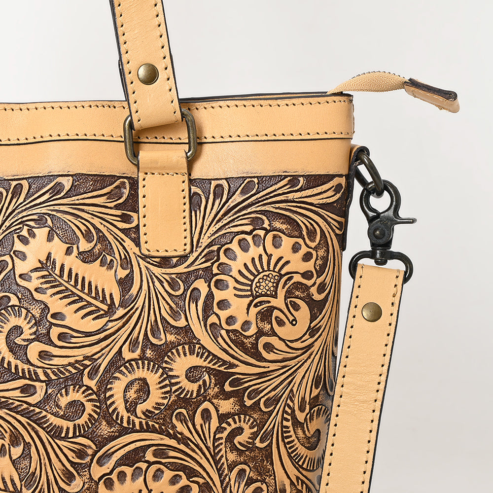 LC-ADBGZ783 Hand-Tooled Tan Leather Tote Bag - Western Floral Design with Detachable Strap