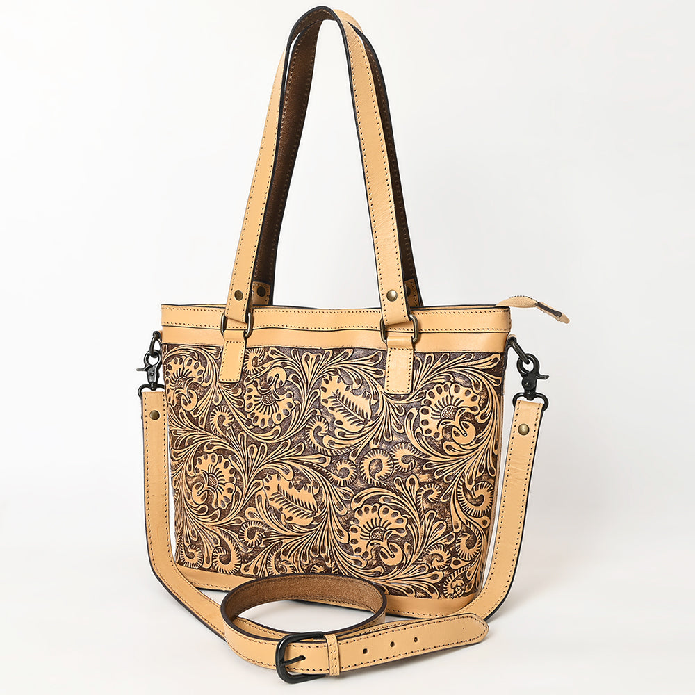 LC-ADBGZ783 Hand-Tooled Tan Leather Tote Bag - Western Floral Design with Detachable Strap
