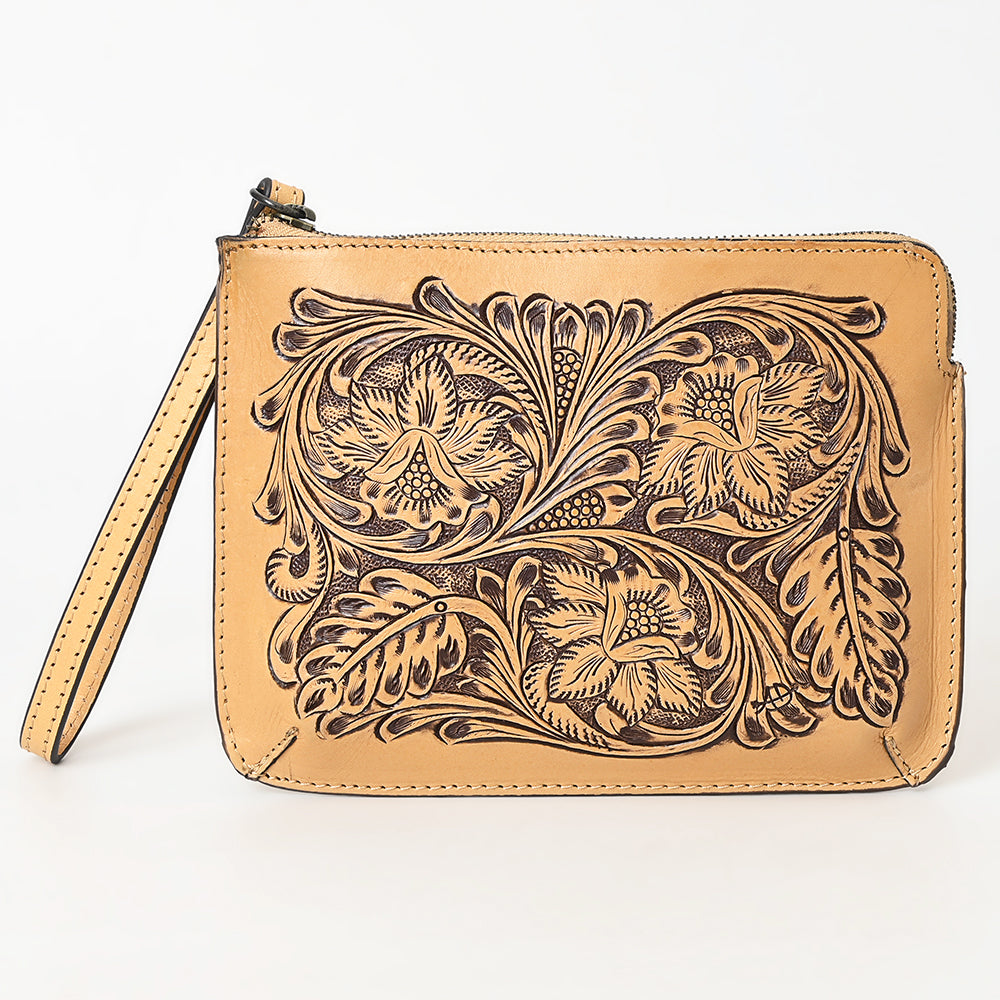 ADBGZ784 Hand-Tooled Leather Wristlet Clutch - Western Floral Design
