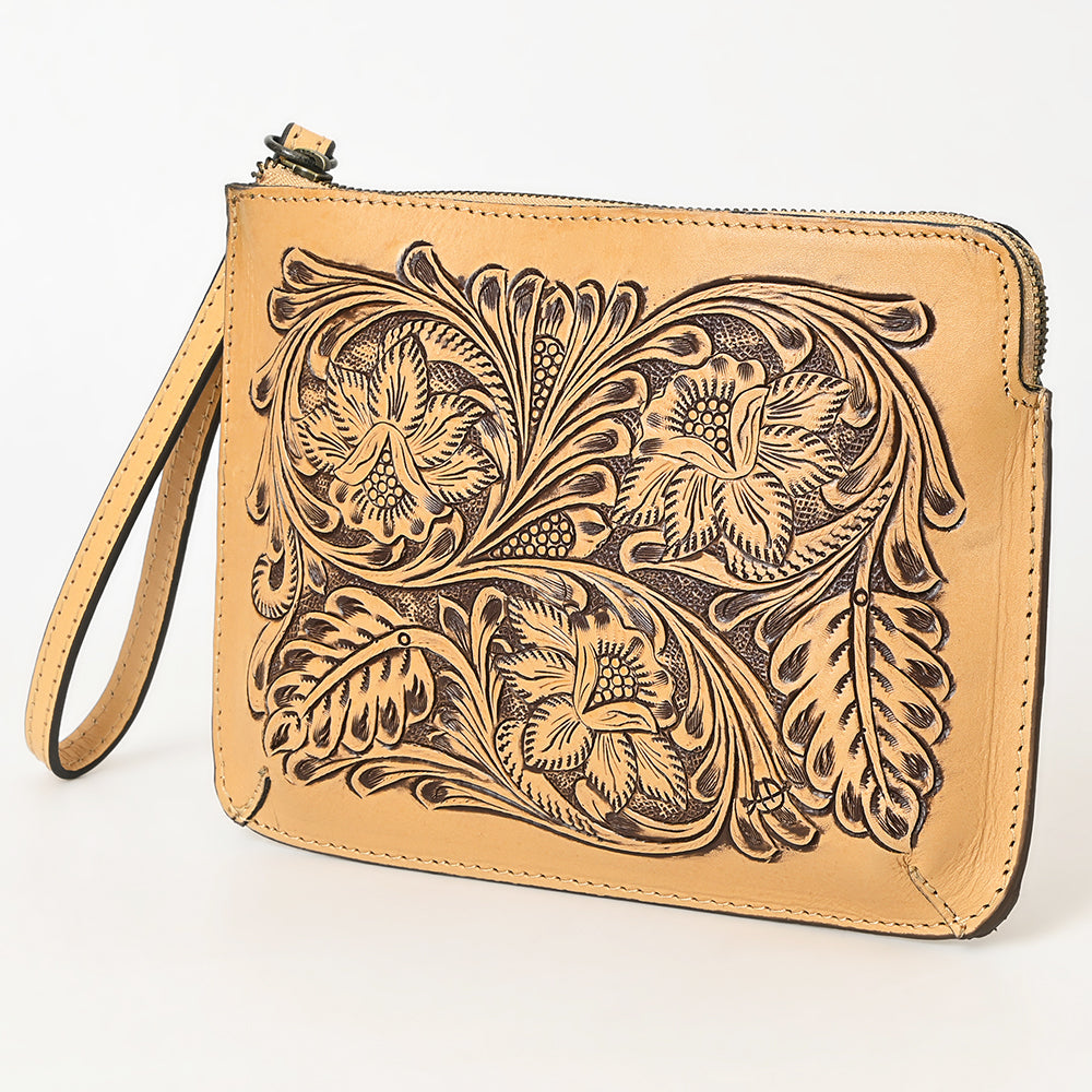 ADBGZ784 Hand-Tooled Leather Wristlet Clutch - Western Floral Design