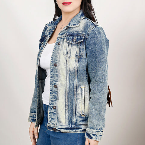 LC-ADJKT024 Tooled Leather Sunflower Fringe Denim Jacket - Western Chic