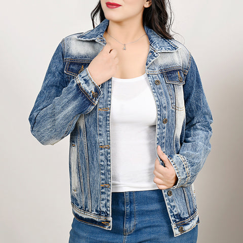 LC-ADJKT029 Women's Stonewashed Denim Jacket with Feather Tooled Leather Yoke & Fringe