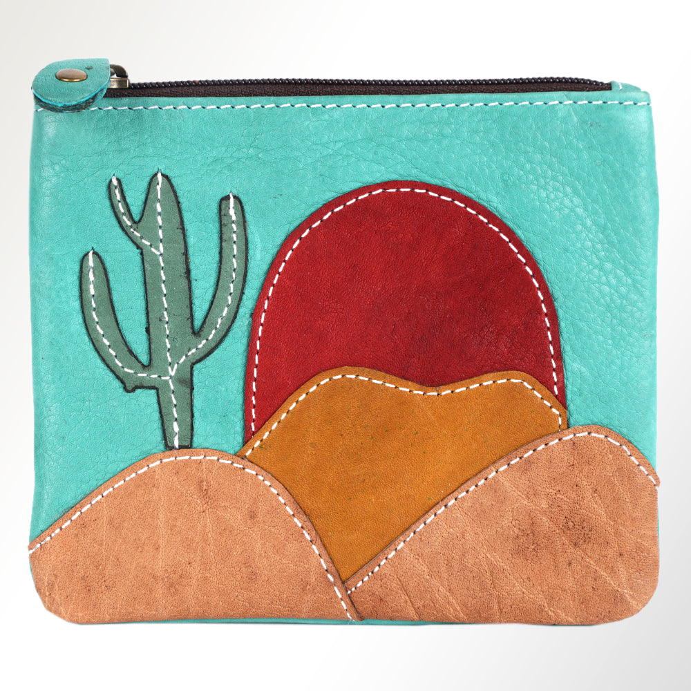 ADBGM359 Hair-On Cowhide Coin Purse with Desert Scene Applique - Handmade Western Cactus Zip Pouch