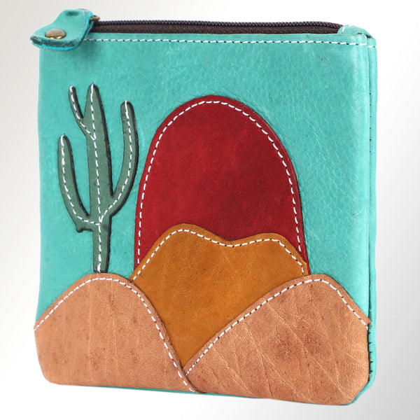 ADBGM359 Hair-On Cowhide Coin Purse with Desert Scene Applique - Handmade Western Cactus Zip Pouch