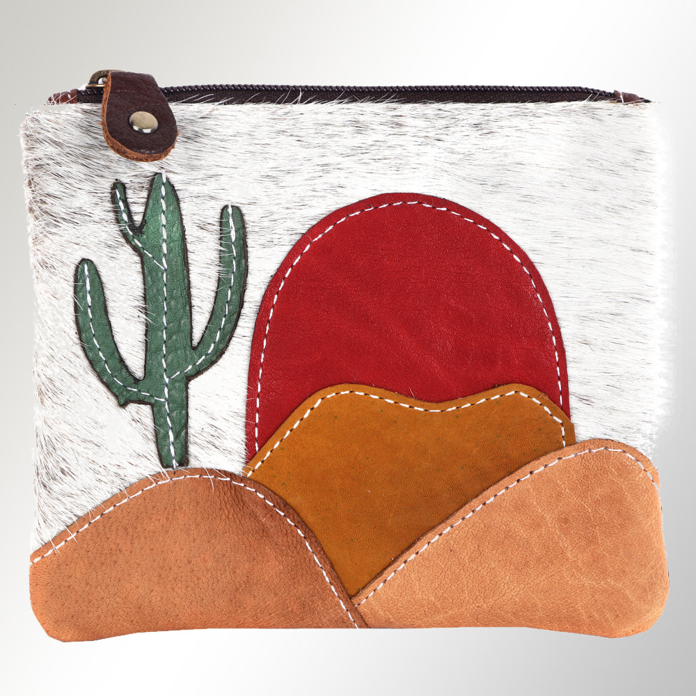 ADBGM359 Hair-On Cowhide Coin Purse with Desert Scene Applique - Handmade Western Cactus Zip Pouch