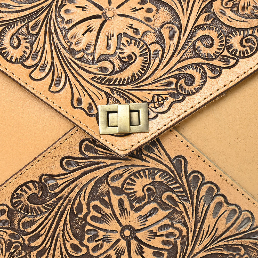 ADBGZ785 Envelope-Style Hand-Tooled Tan Leather Tote bag - Western Floral Design