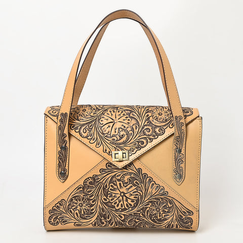 ADBGZ785 Envelope-Style Hand-Tooled Tan Leather Tote bag - Western Floral Design