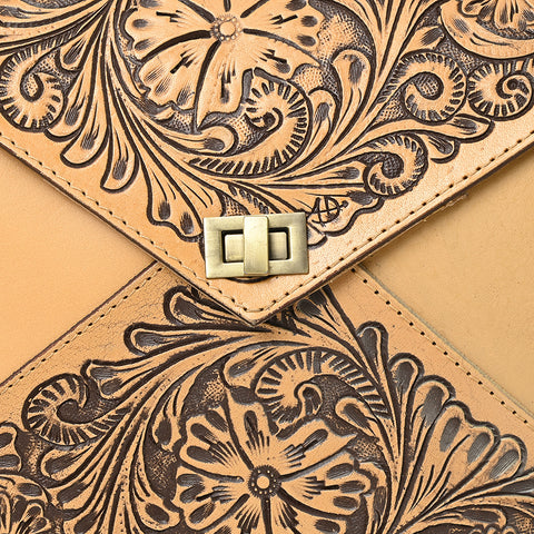 ADBGZ785 Envelope-Style Hand-Tooled Tan Leather Tote bag - Western Floral Design