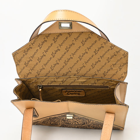ADBGZ785 Envelope-Style Hand-Tooled Tan Leather Tote bag - Western Floral Design