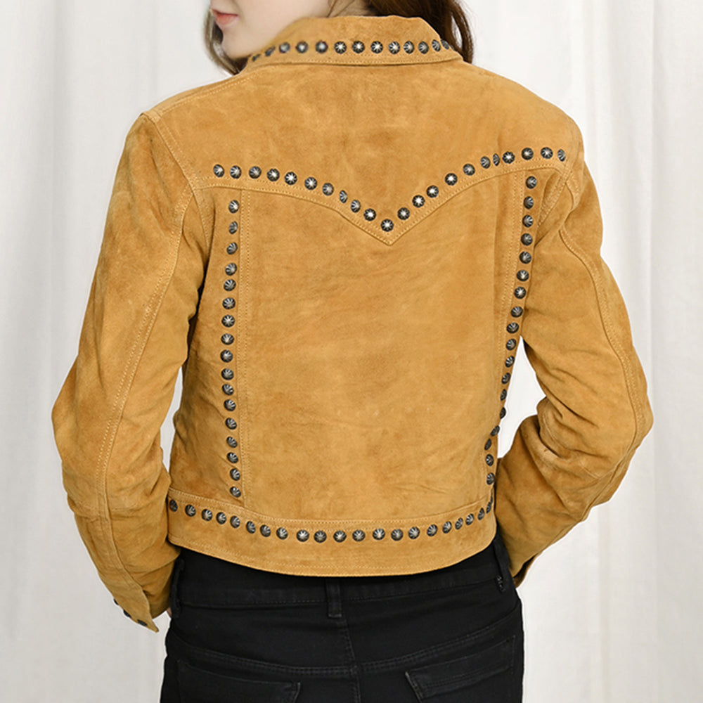 ADJKT043 Women's Cropped Tan Genuine suede Western Jacket with Concho Stud Accents