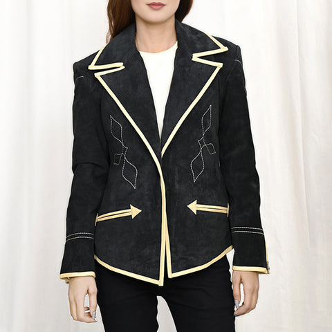 American Darling Western Black Suede Leather Blazer with Piping & Arrow Trim