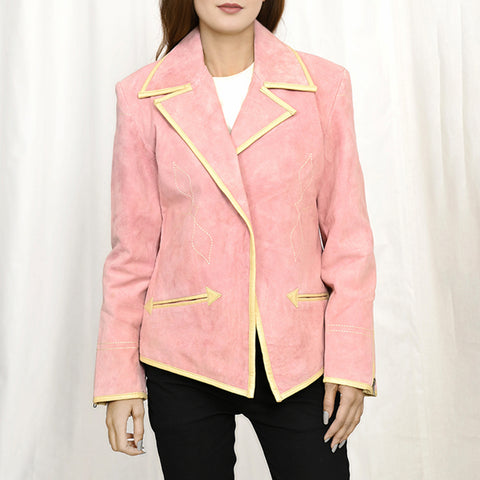 American Darling Pink Suede Leather Western Blazer with Piping