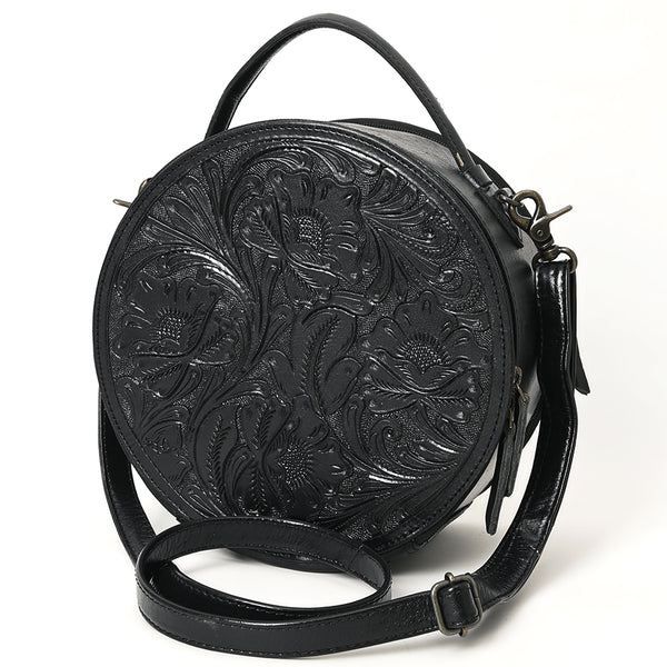 ADBG1300 Hand Tooled Leather Round Floral Canteen Bag with Handle