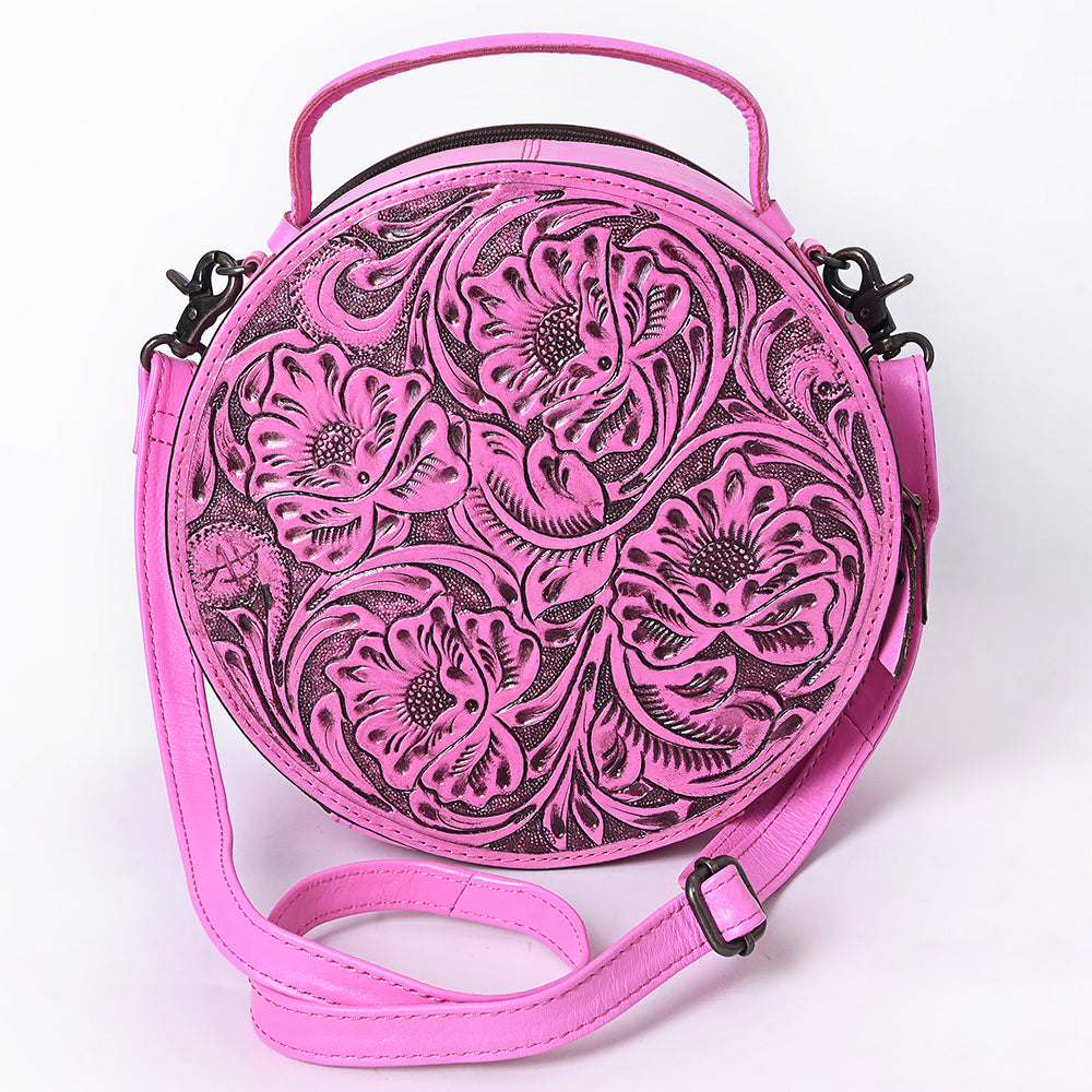 ADBG1300 Pink Hand Tooled Leather Round Floral Canteen Bag with Handle