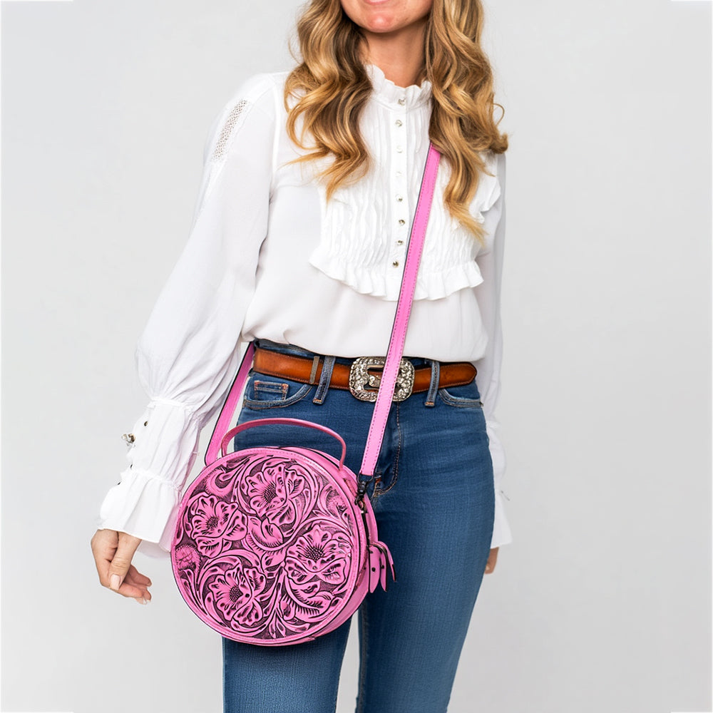 American Darling Pink Western Leather Canteen Bag - Genuine Leather Hand-Tooled Round Crossbody by American Darling