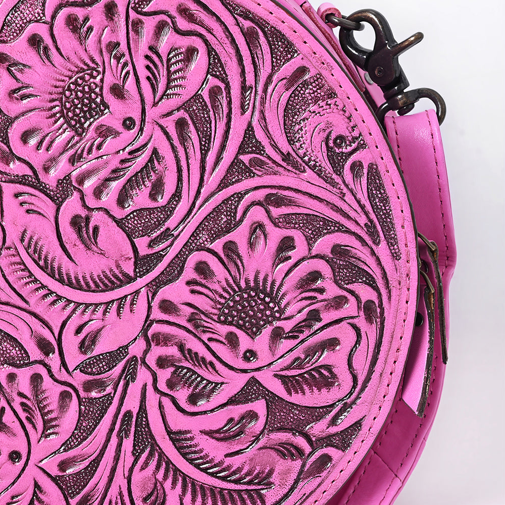 ADBG1300 Pink Hand Tooled Leather Round Floral Canteen Bag with Handle