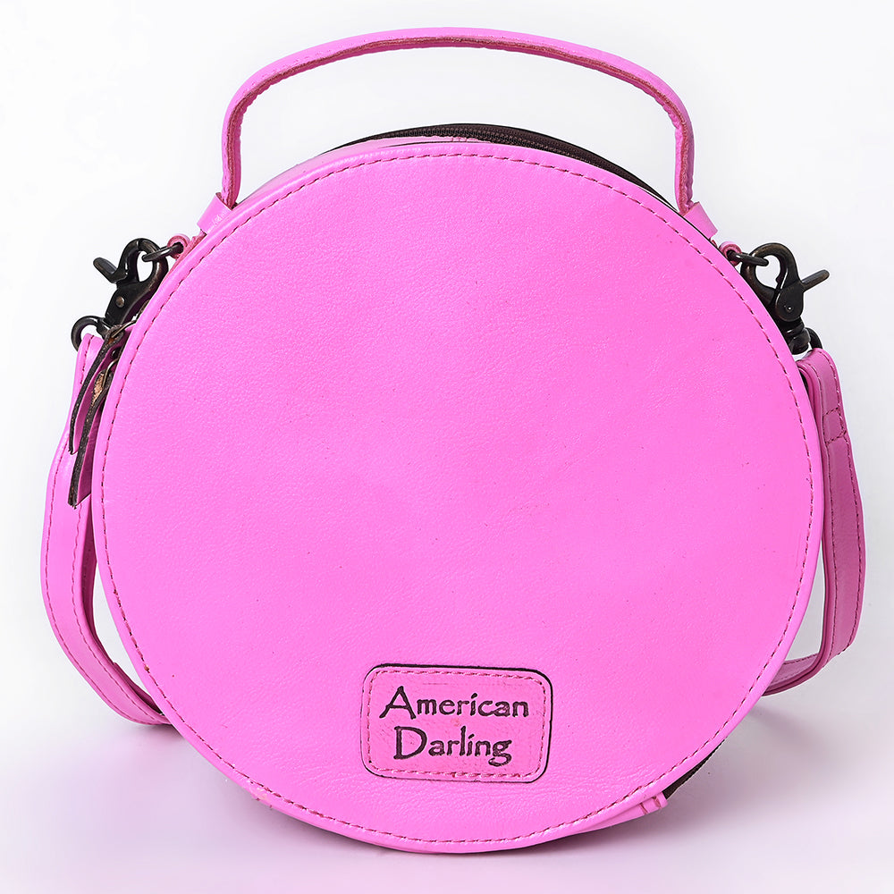 American Darling Pink Western Leather Canteen Bag - Genuine Leather Hand-Tooled Round Crossbody by American Darling