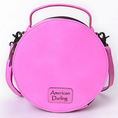 ADBG1300 American Darling Pink Western Leather Canteen Bag - Genuine Leather Hand-Tooled Round Crossbody by American Darling
