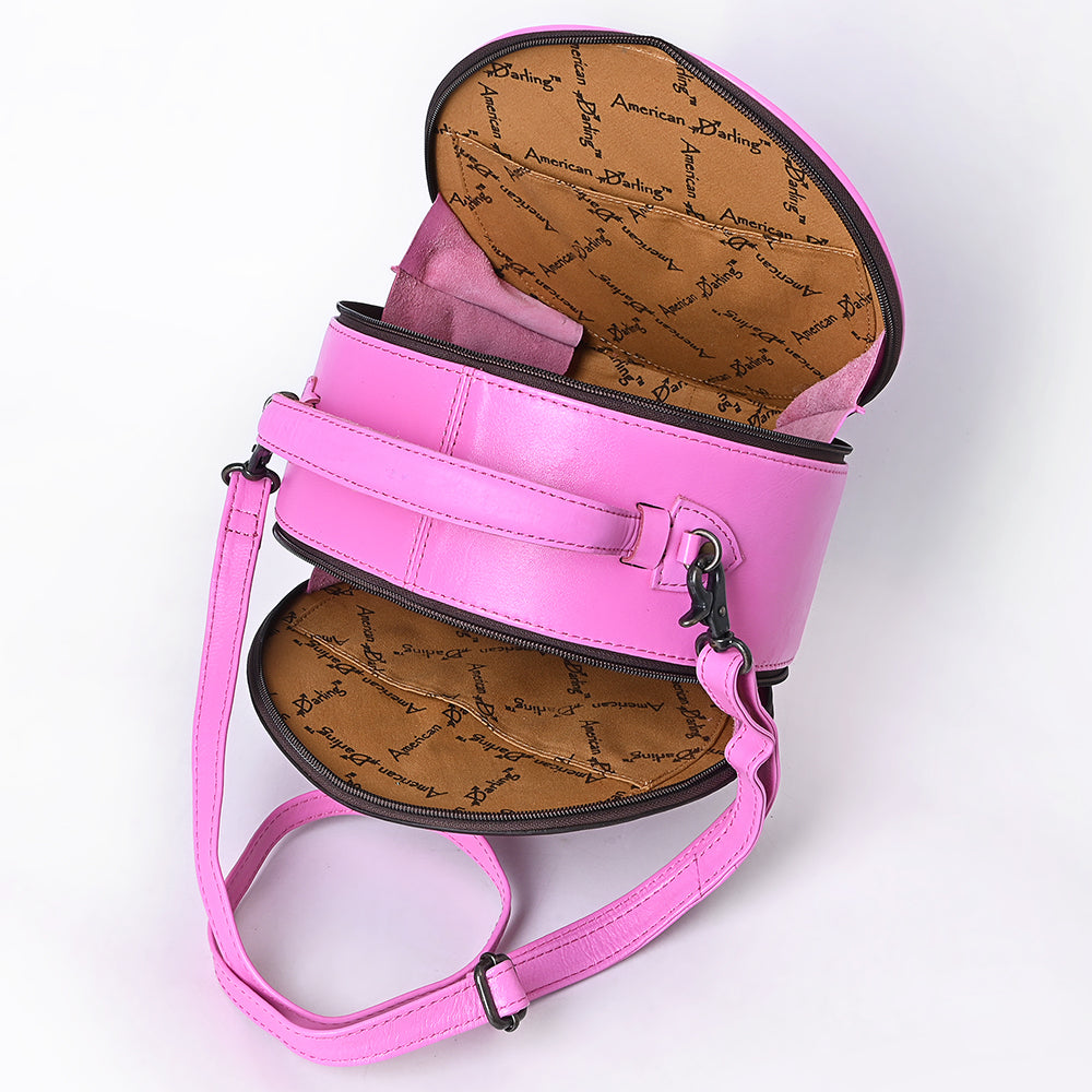 American Darling Pink Western Leather Canteen Bag - Genuine Leather Hand-Tooled Round Crossbody by American Darling