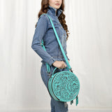 ADBG1300 Hand Tooled Leather Round Floral Canteen Bag with Handle