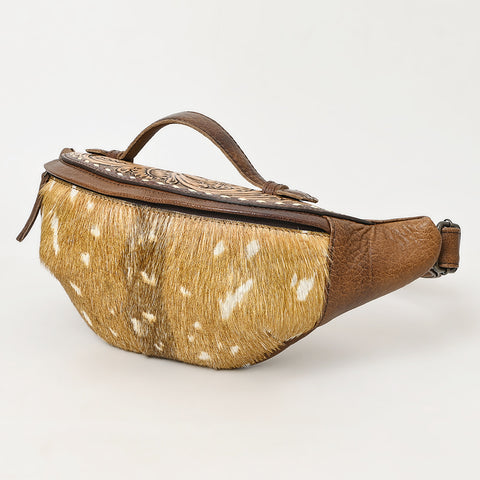 American Darling Hair On Cowhide Fanny Bag -Hand-Tooled Leather Belt Bag