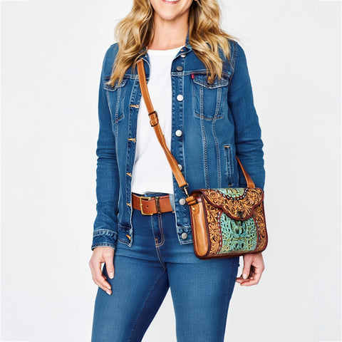 American Darling Crocodile Hand Tooled Leather Crossbody Clutch