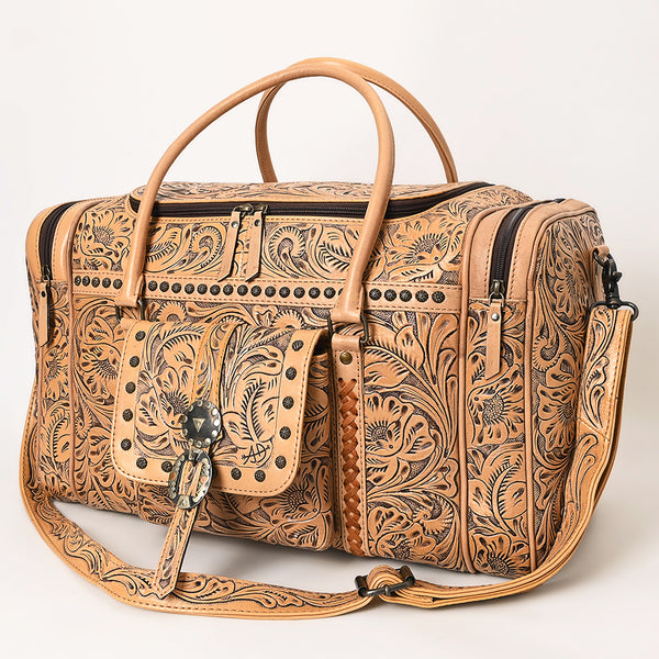 ADBG1305 Hand Tooled Leather Western Weekender Duffle Bag - Natural Floral by American Darling