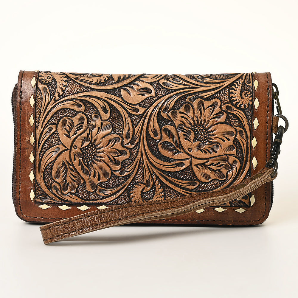 ADBG1309 Hand-Tooled Western Leather Crossbody Wallet - Genuine Cowhide Bag by American Darling