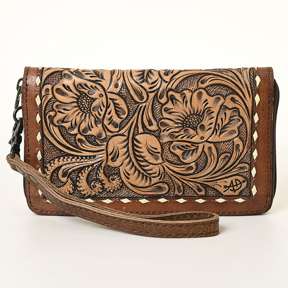 ADBG1309 Hand-Tooled Western Leather Crossbody Wallet - Genuine Cowhide Bag by American Darling