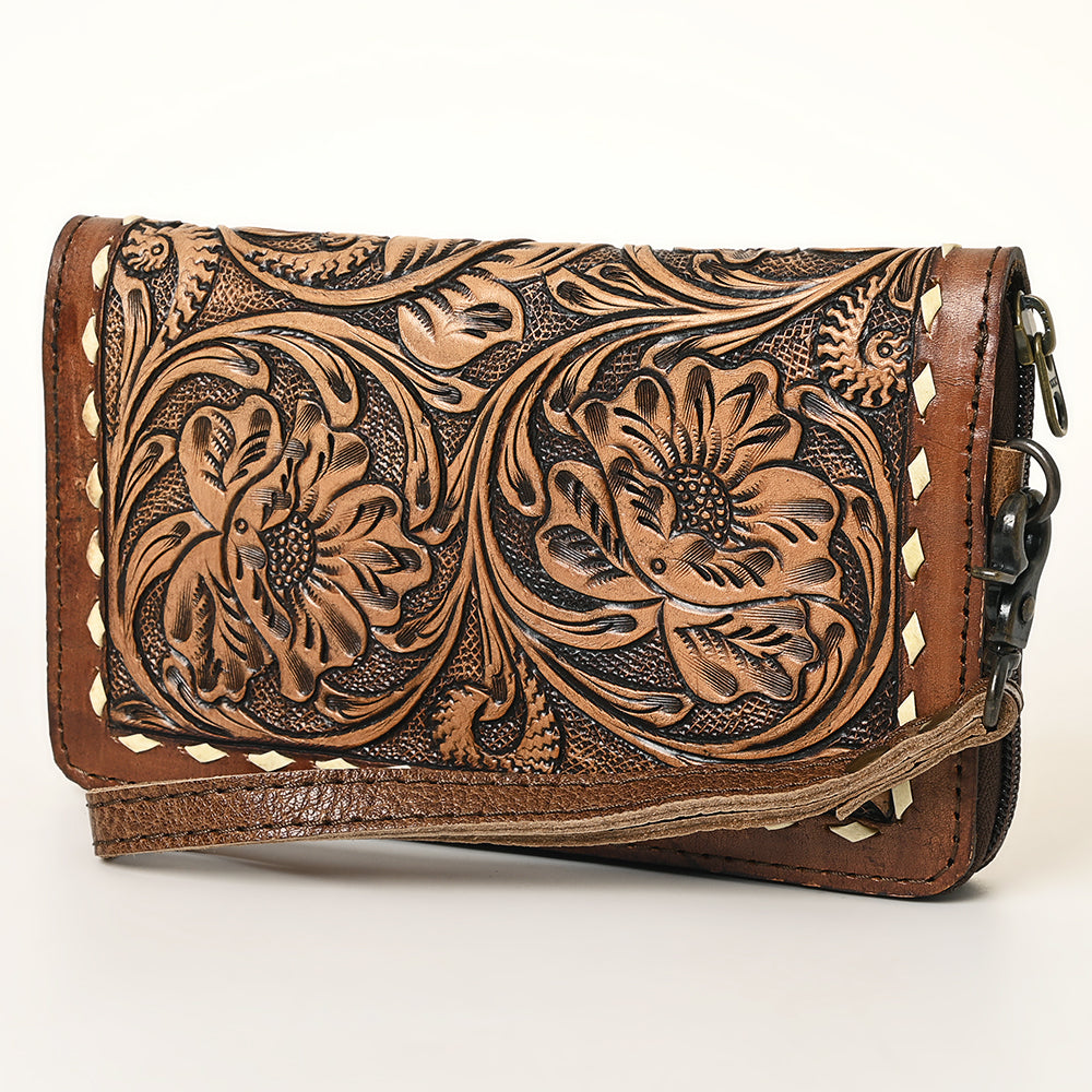 ADBG1309 Hand-Tooled Western Leather Crossbody Wallet - Genuine Cowhide Bag by American Darling