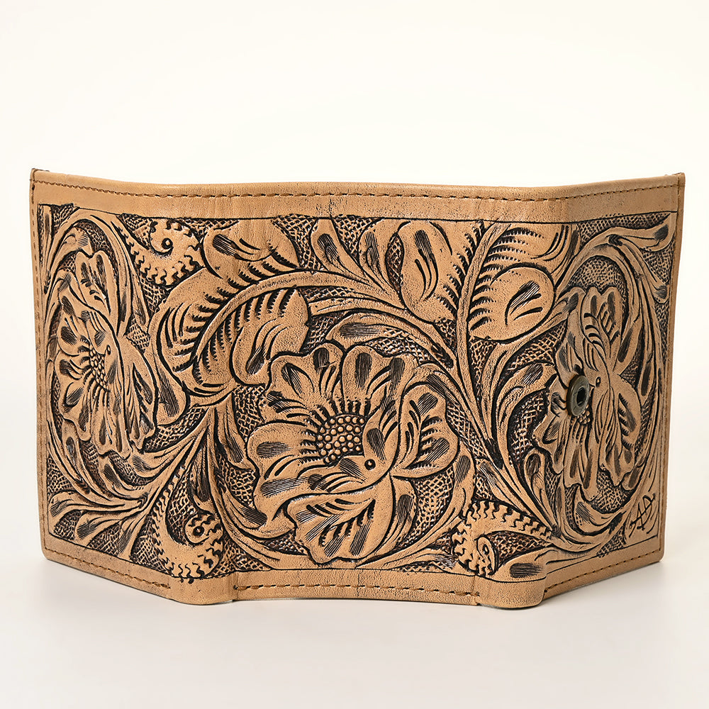 American Darling Hand Tooled Leather Trifold Wallet | Floral Carved Purse