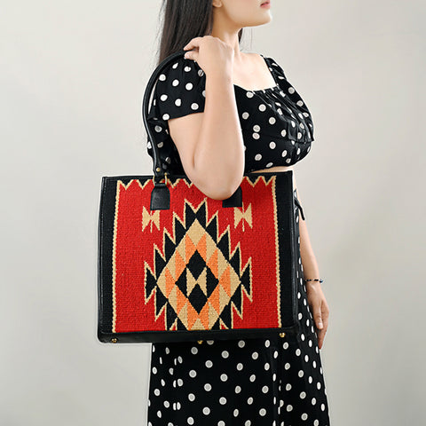 American Darling Hand Woven Saddle Blanket & Leather Western Tote Bag
