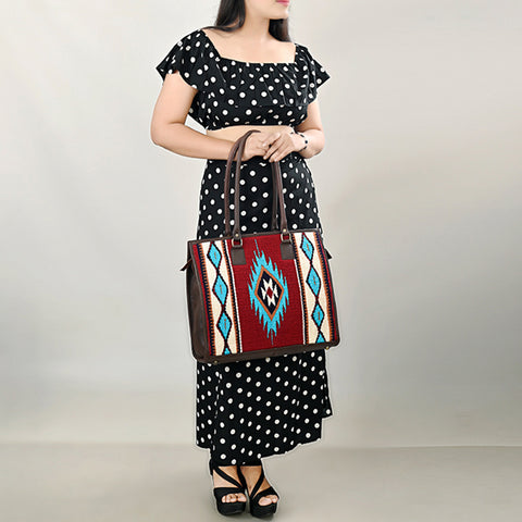American Darling Hand Woven Saddle Blanket & Leather Western Tote Bag
