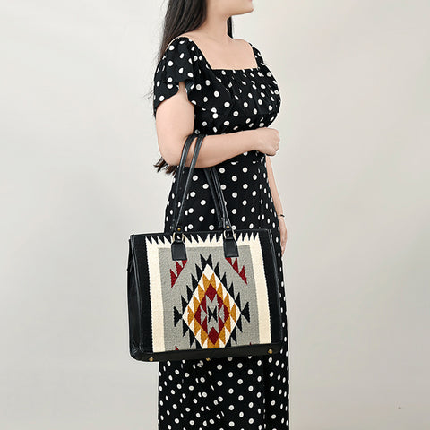 American Darling Hand Woven Saddle Blanket & Leather Western Tote Bag
