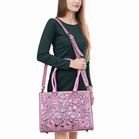 American Darling Pink Hand-Tooled Leather Tote -Floral Carved Handbag