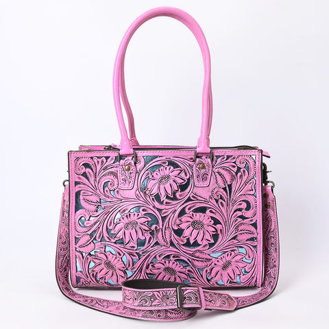American Darling Pink Hand-Tooled Leather Tote -Floral Carved Handbag