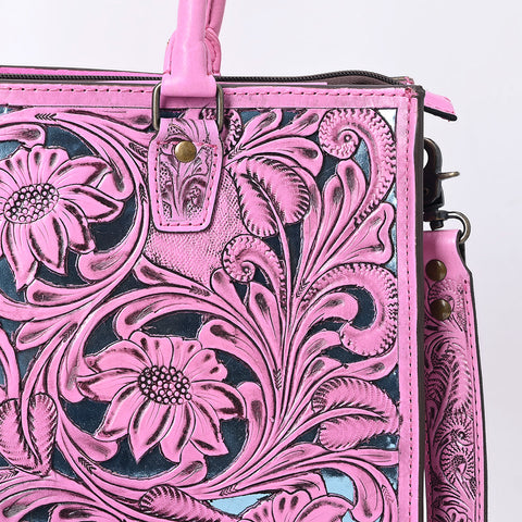 American Darling Pink Hand-Tooled Leather Tote -Floral Carved Handbag