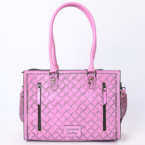 American Darling Pink Hand-Tooled Leather Tote -Floral Carved Handbag