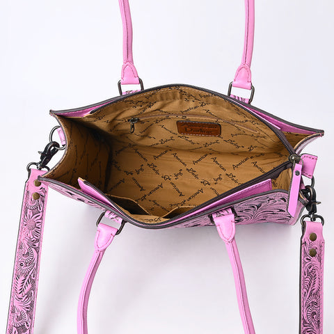 American Darling Pink Hand-Tooled Leather Tote -Floral Carved Handbag