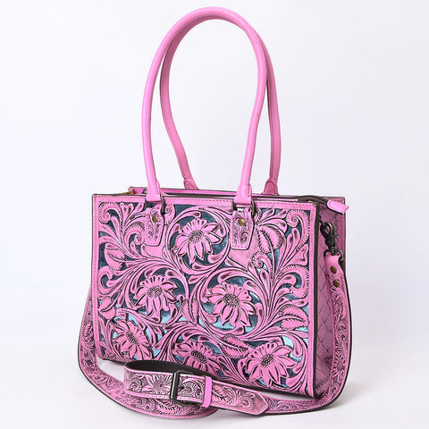 American Darling Pink Hand-Tooled Leather Tote -Floral Carved Handbag