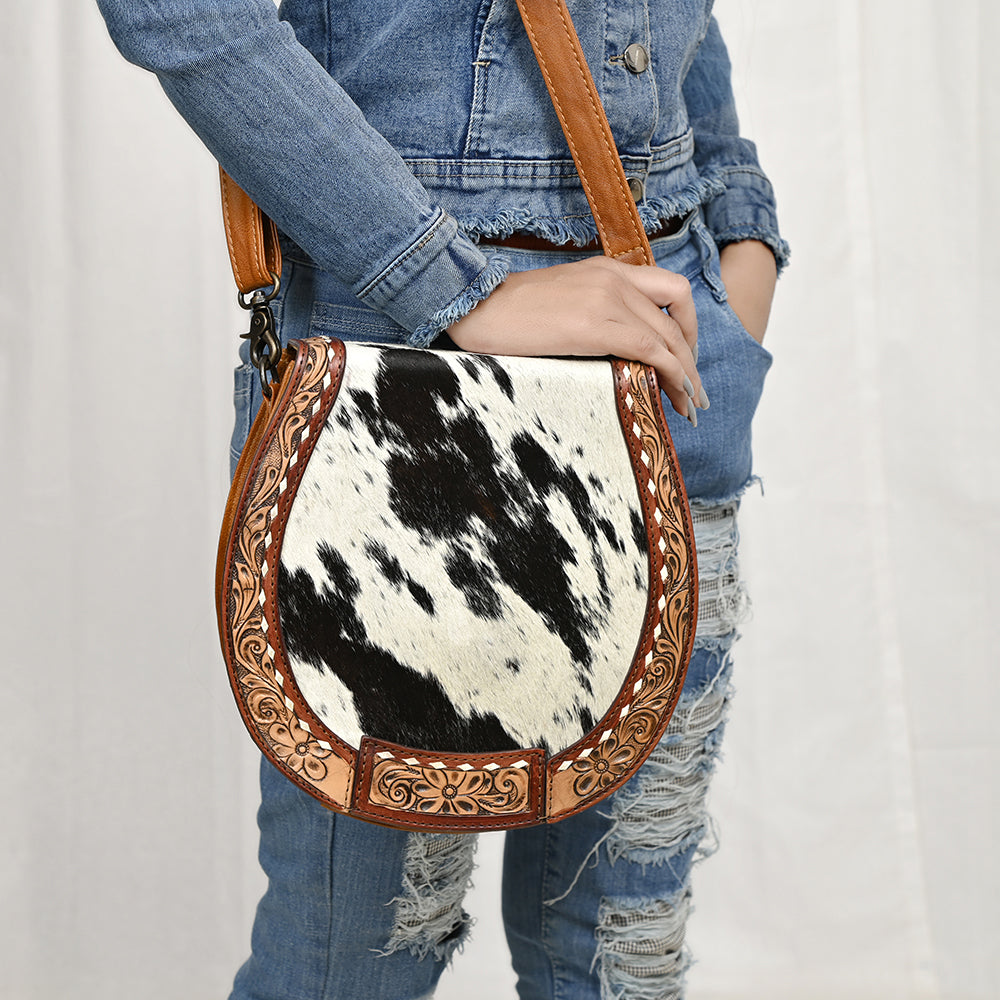 American Darling Hair-On Cowhide Western Leather Crossbody Bag with Hand-Tooled Accents