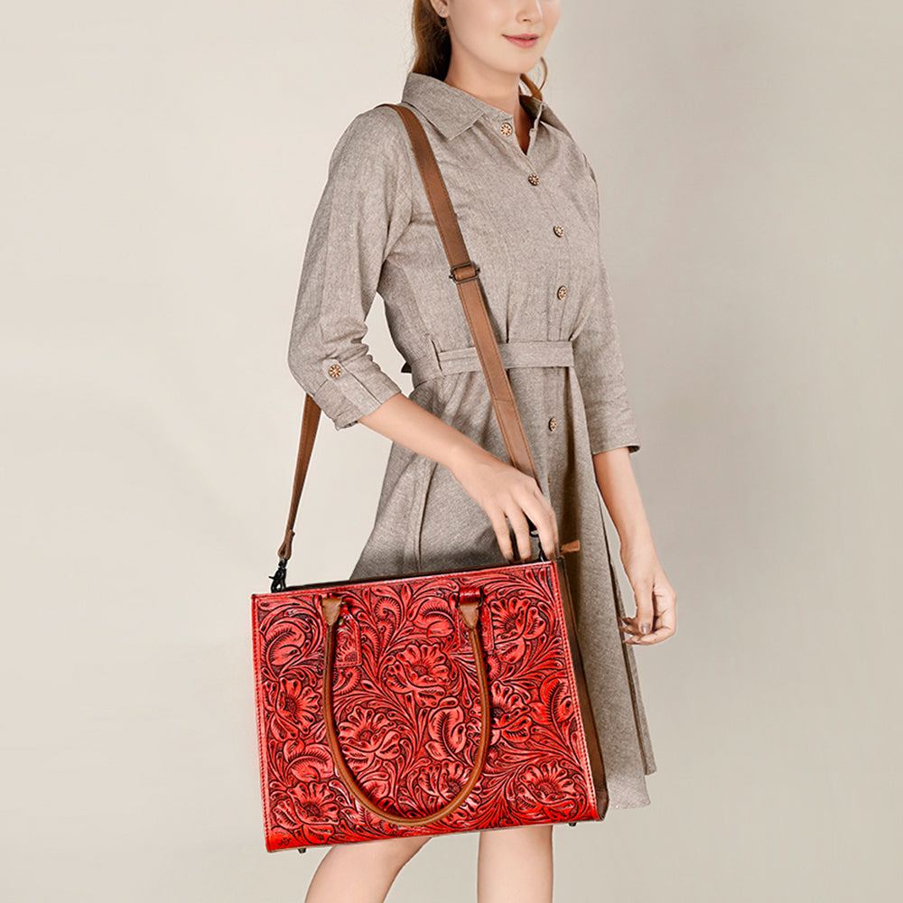 ADBG1317 Red Tooled Leather Western Tote Bag - Floral Hand-Carved Shoulder Purse