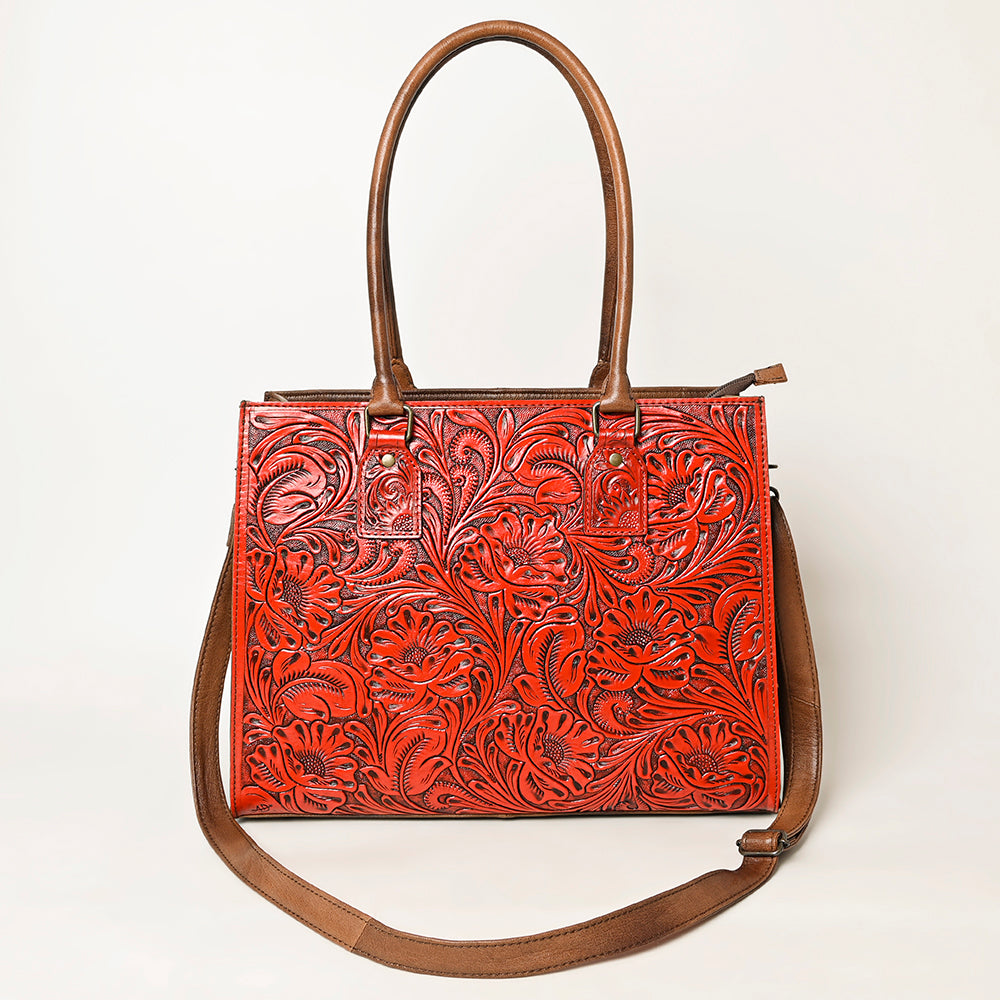 ADBG1317 Red Tooled Leather Western Tote Bag - Floral Hand-Carved Shoulder Purse